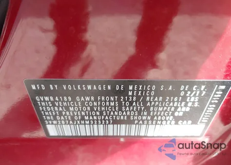 2017 Volkswagen Jetta 1.4T S z USA, uszkodzony, nr VIN 3VW2B7AJXHM323237